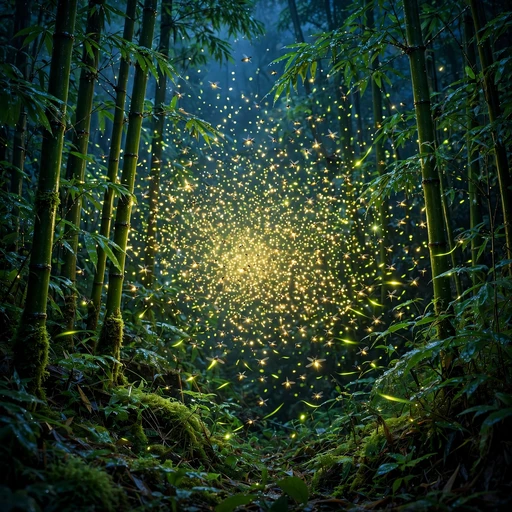 Thousands of fireflies glowing in a dark bamboo grove at dusk, profile picture