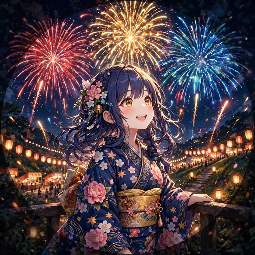 anime girl in yukata watching hanabi fireworks at festival anime dp