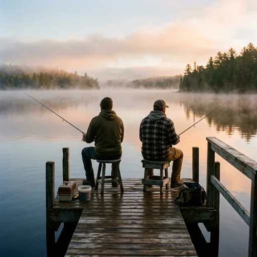 Two friends sit side by side with fishing rods on a quiet pier at dawn