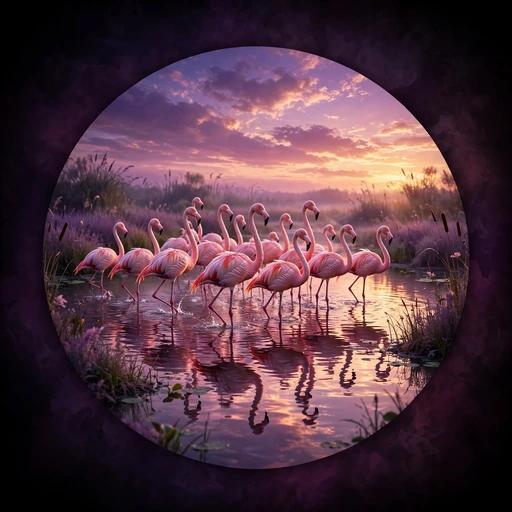 Flamingo flock in a pink lagoon at sunset, nature DP
