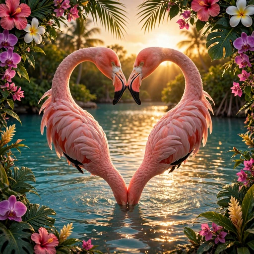 Two pink flamingos forming a heart shape over a turquoise lagoon, friendship WhatsApp DP
