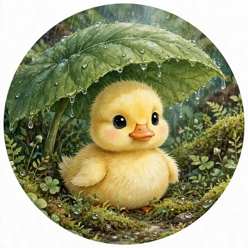 Fluffy yellow duckling sheltering under a big green leaf during gentle rain