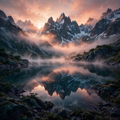 foggy mountain lake dawn reflection DP