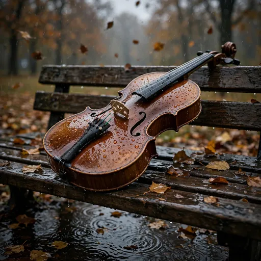 Forgotten Violin on a Rainy Park Bench DP — free sad WhatsApp DP download