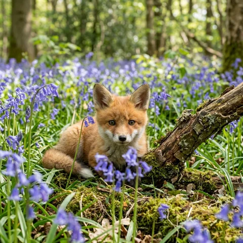 A fox cub peeks through woodland bluebells beside a fallen branch