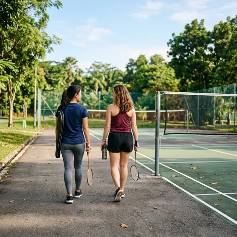 Two friends carry badminton rackets beside an outdoor court