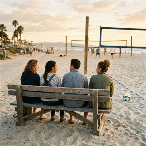 Four friends sit on a bench beside a beach volleyball court at sunset