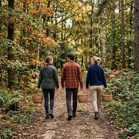 Three friends carry wicker baskets along an autumn woodland trail