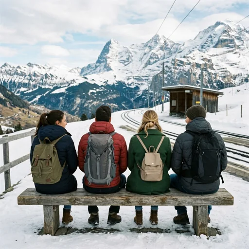 Four friends wearing backpacks sit together on a bench beside a snowy mountain railway