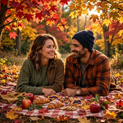 Two friends on a picnic blanket under autumn maple trees