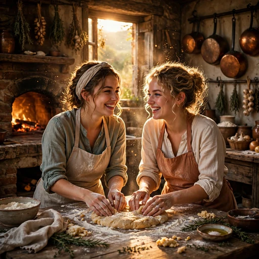 Two friends baking bread together in a rustic countryside kitchen