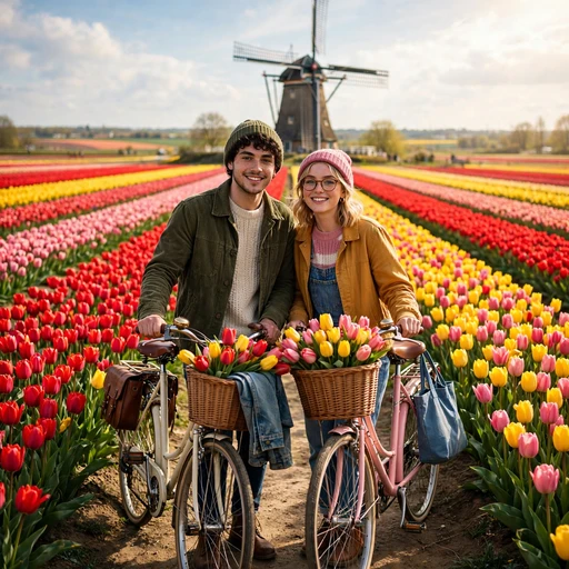 Two friends with vintage bicycles in a tulip field beside a windmill with colorful tulip rows