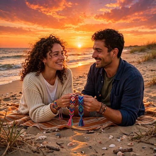 Two friends exchanging colorful friendship bracelets on a beach at sunset, friendship WhatsApp DP