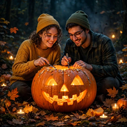 Two friends carving a giant glowing pumpkin at night with autumn leaves, friendship WhatsApp DP