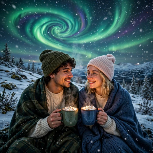 Two friends sharing hot cocoa under the northern lights in falling snow, friendship WhatsApp DP