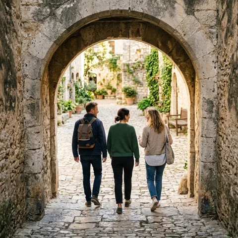Three friends walk beneath a weathered stone arch into a sunny courtyard