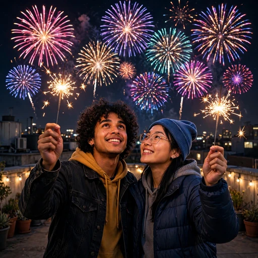 Two friends with sparklers watching fireworks from a rooftop at night, friendship WhatsApp DP