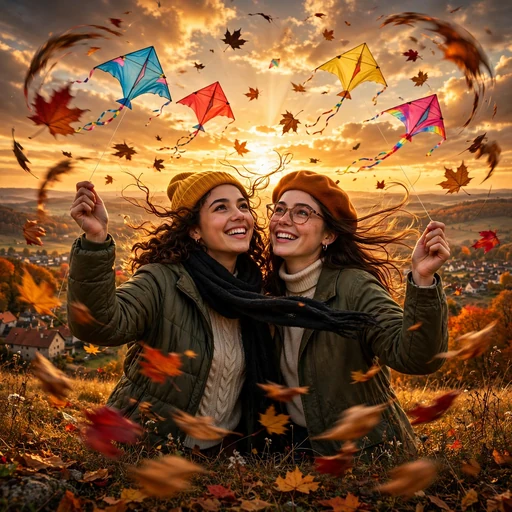 Two friends flying colorful kites on an autumn hill at sunset