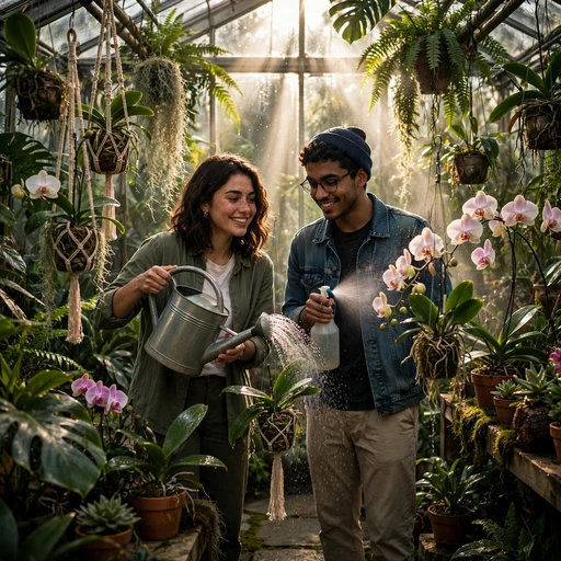 Two friends watering orchids together in a lush tropical greenhouse with sunlight streaming through glass