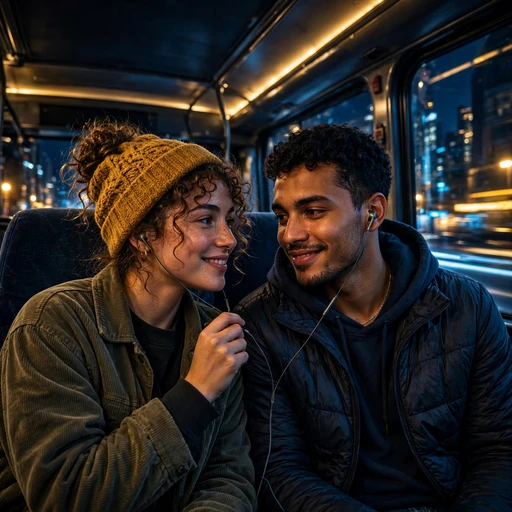 Two friends sharing earphones on a night bus with city lights outside, friendship WhatsApp DP