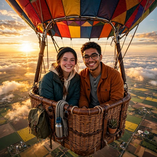 Two friends in a hot air balloon basket at sunrise above clouds and patchwork fields