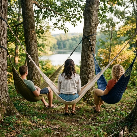 Three friends relax in separate low hammocks among lakeside park trees
