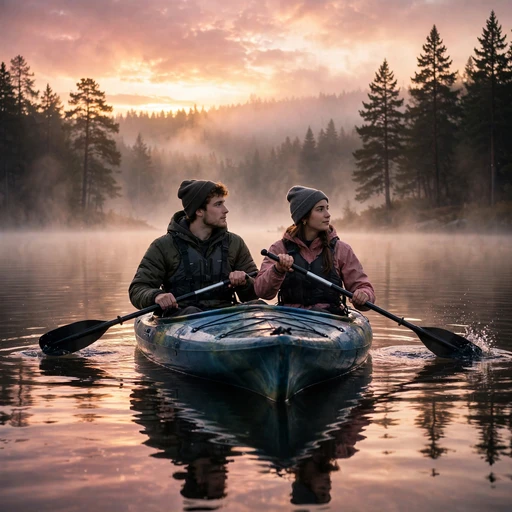 Two friends kayaking together on a misty lake at sunrise with pink and gold reflections on the water
