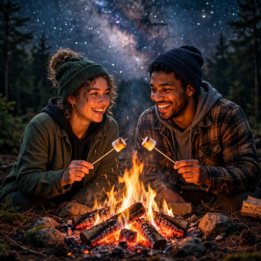 Two friends roasting marshmallows over a campfire under a starry milky way sky, friendship WhatsApp DP