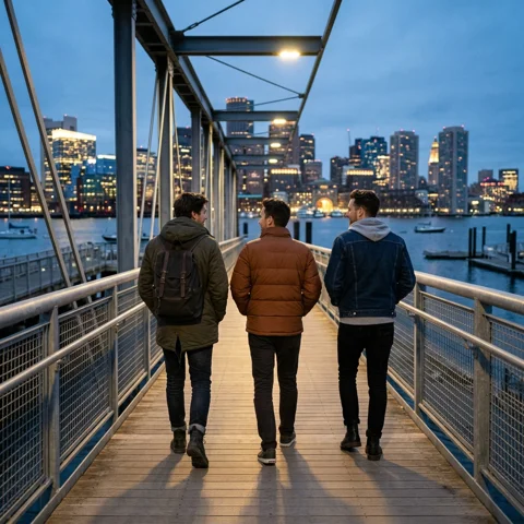 Three friends look toward an evening city skyline from a pedestrian bridge