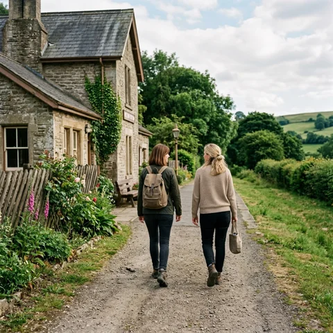 Two friends walk past a stone country house with flowers and green hills
