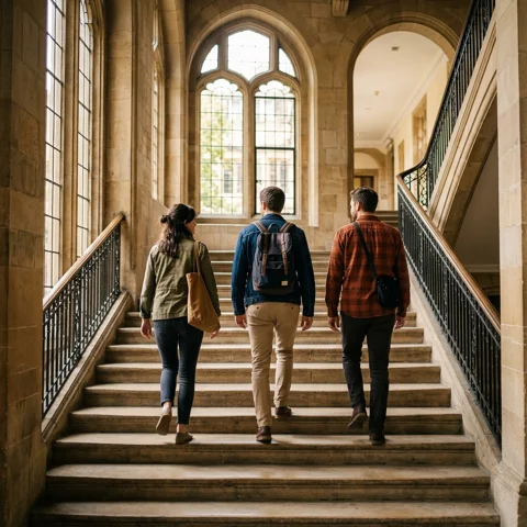 Three friends climb a grand museum staircase toward an arched window