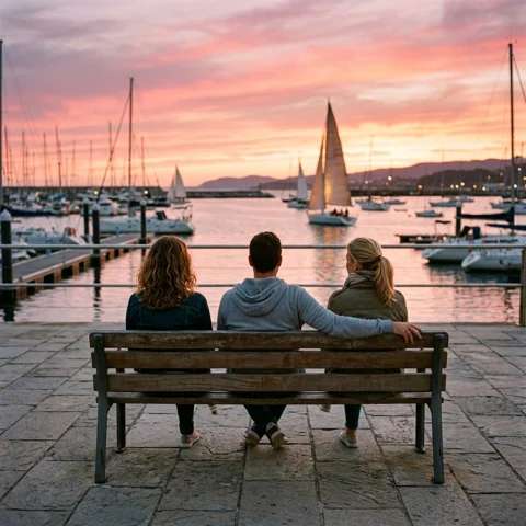 Three friends sit on a harbor bench beneath a pink sunset sky