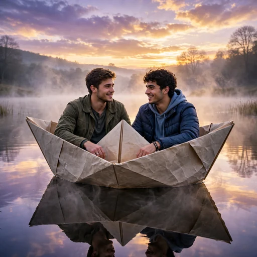 Two friends in a giant paper boat on a misty lake at dawn