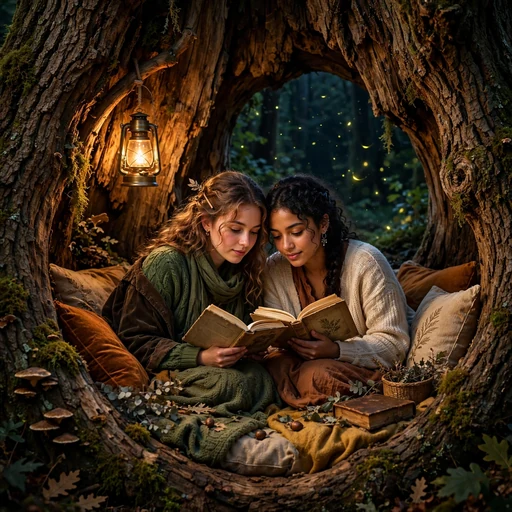 Two friends reading books together in a cozy hollow oak tree with lantern light