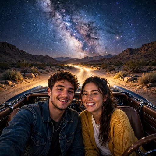 Two friends in a convertible under a starry desert night sky, friendship DP