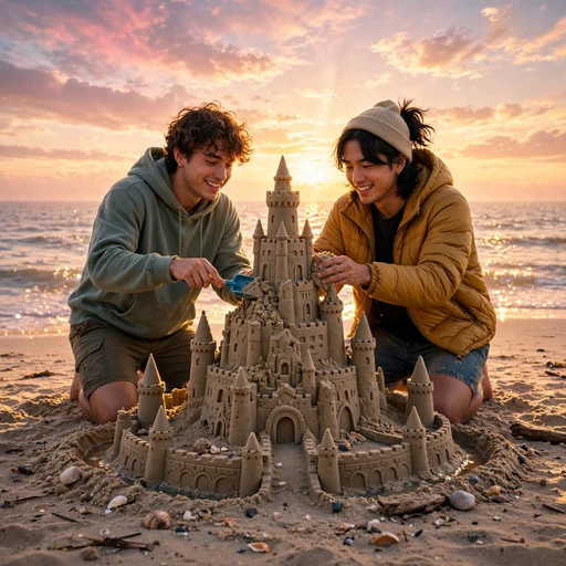 Two friends building a sandcastle on a beach at sunrise, friendship WhatsApp DP