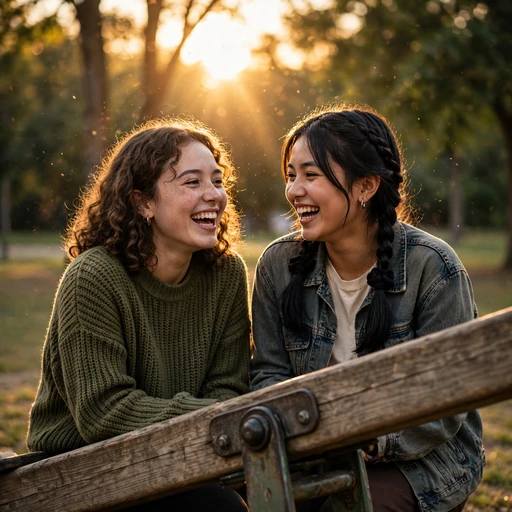 Two best friends laughing together on a seesaw at golden hour