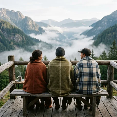 Three friends wrapped in blankets sit on a cabin terrace above misty mountains