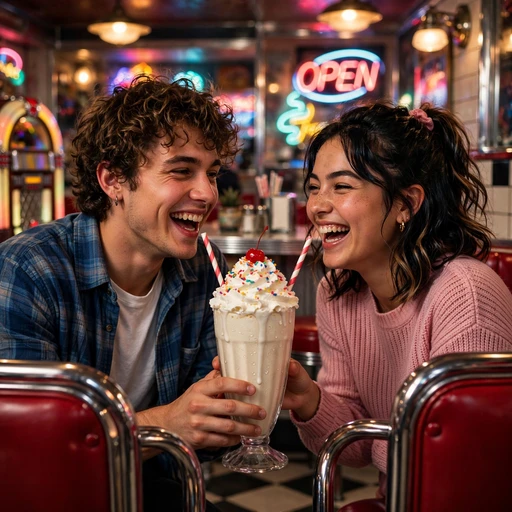 Two friends sharing a giant milkshake with two straws at a retro 1950s diner with neon signs