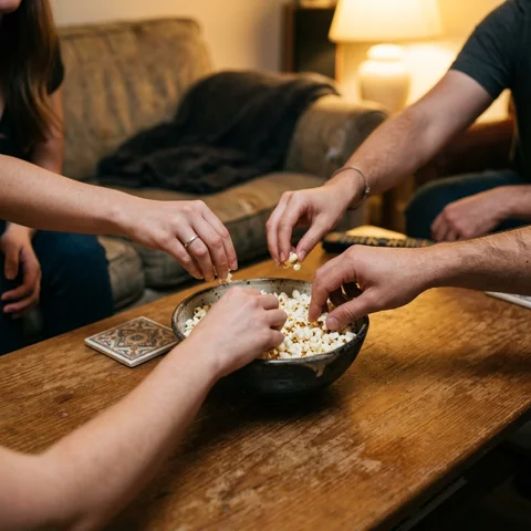 Friends reach into a shared bowl of popcorn at a cozy sofa table