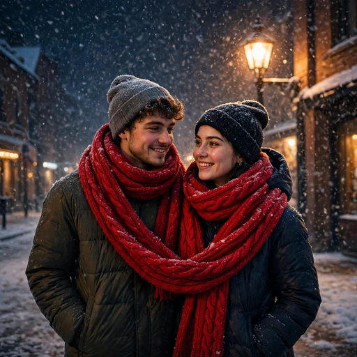 Two friends wrapped in one long red scarf walking through snowfall, friendship WhatsApp DP