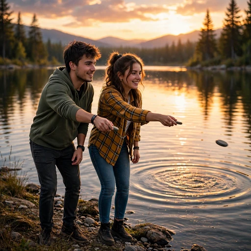 Two friends skipping stones across a glassy lake at sunset, friendship WhatsApp DP