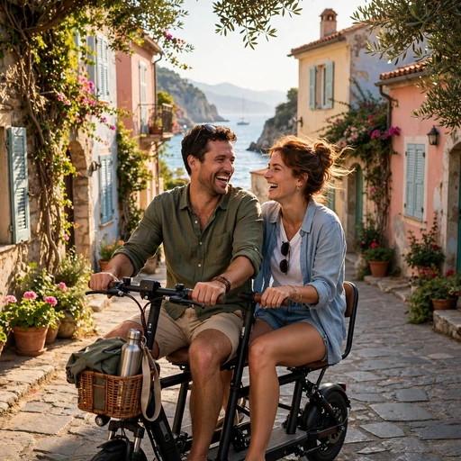 Two friends riding a tandem scooter through a coastal old town