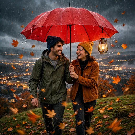 Two friends sharing a red umbrella in autumn rain with city lights below, friendship DP