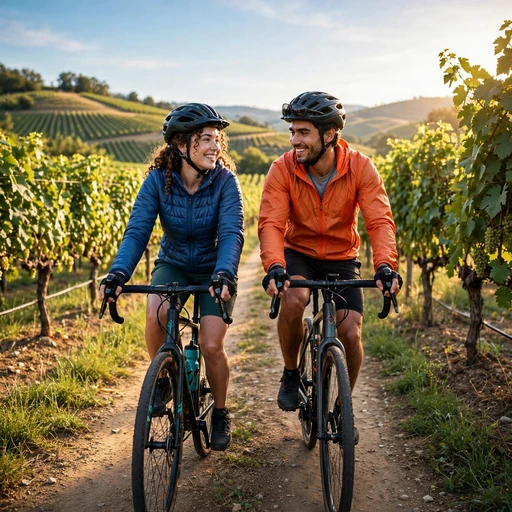 Two friends cycling side by side through a sunlit vineyard