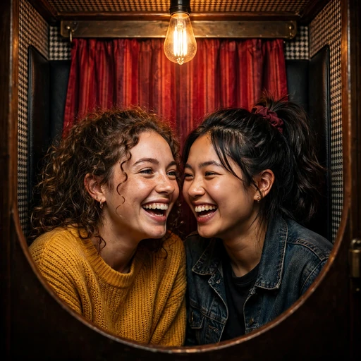 Two best friends laughing together in a vintage photo booth
