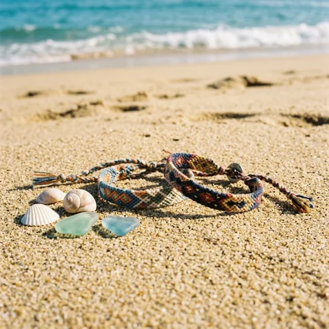 Woven friendship bracelets lie beside seashells on sunlit sand