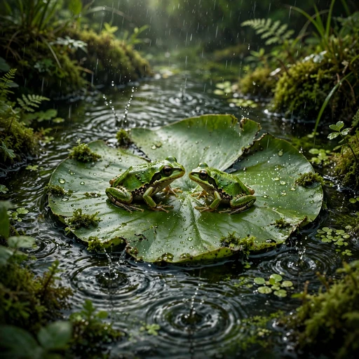 Two tiny frogs sharing one big lily pad in gentle rain, friendship WhatsApp DP