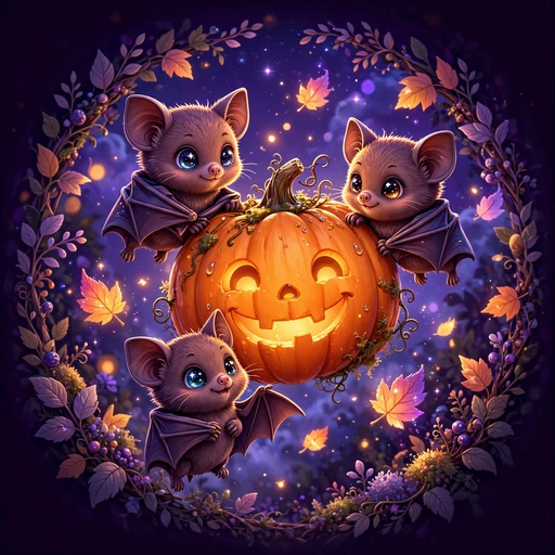 three tiny cute fruit bats with sparkling eyes flying around a glowing smiling jack-o-lantern pumpkin under a purple halloween night sky. cute dp
