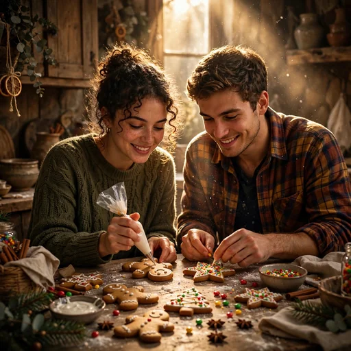 Two friends decorating gingerbread cookies in a cozy kitchen, friendship DP